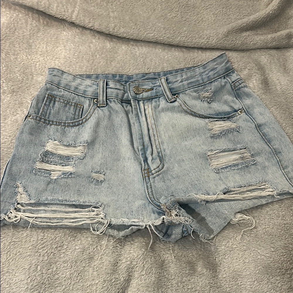 Distressed Light Blue Denim Shorts